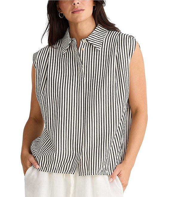 Brave + True Charlie Sleeveless Striped Collared Button Front Shirt Product Image