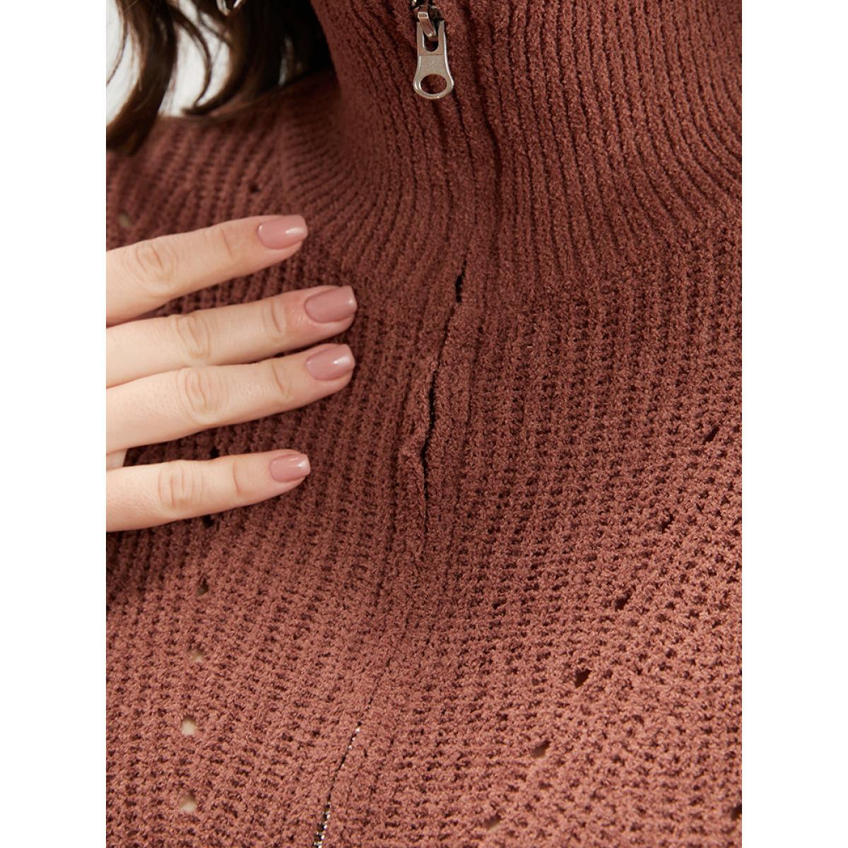 Plus Size Solid Super Soft Knit Zipper Mock Neck Eyelet Knit Top Bronze Women Casual Loose Long Sleeve Mock Neck Dailywear Pullovers BloomChic 14-16/1X Product Image