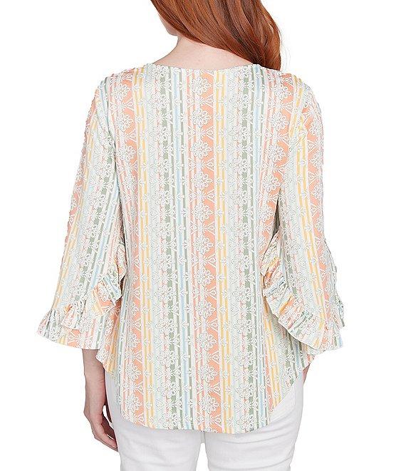 Ruby Rd. Stripe Floral Puff Print V-Neck 3/4 Bell Sleeve Top Product Image