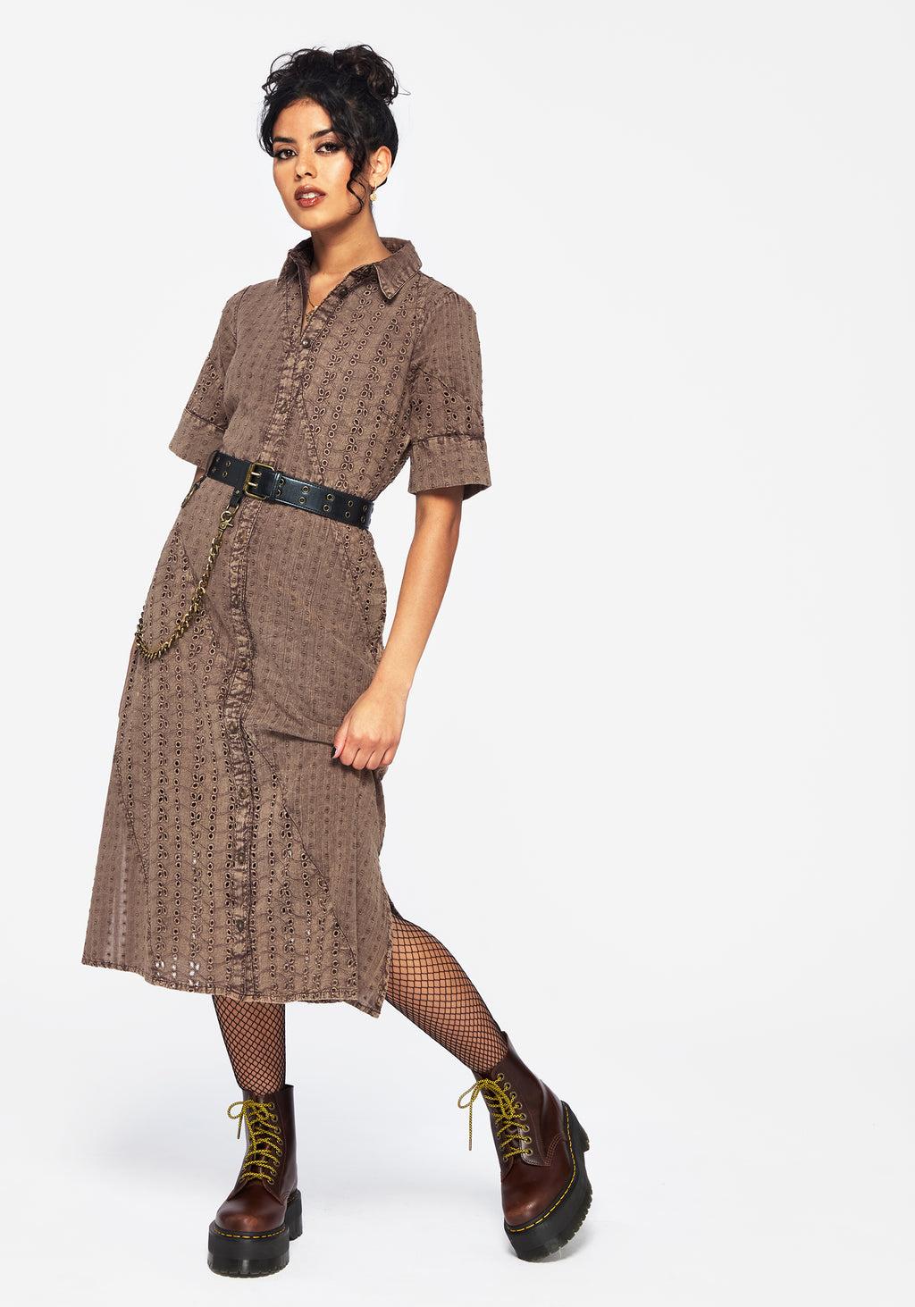 Summerisle Cotton Broderie Detail Tie Wrap Midi Shirt Dress Product Image