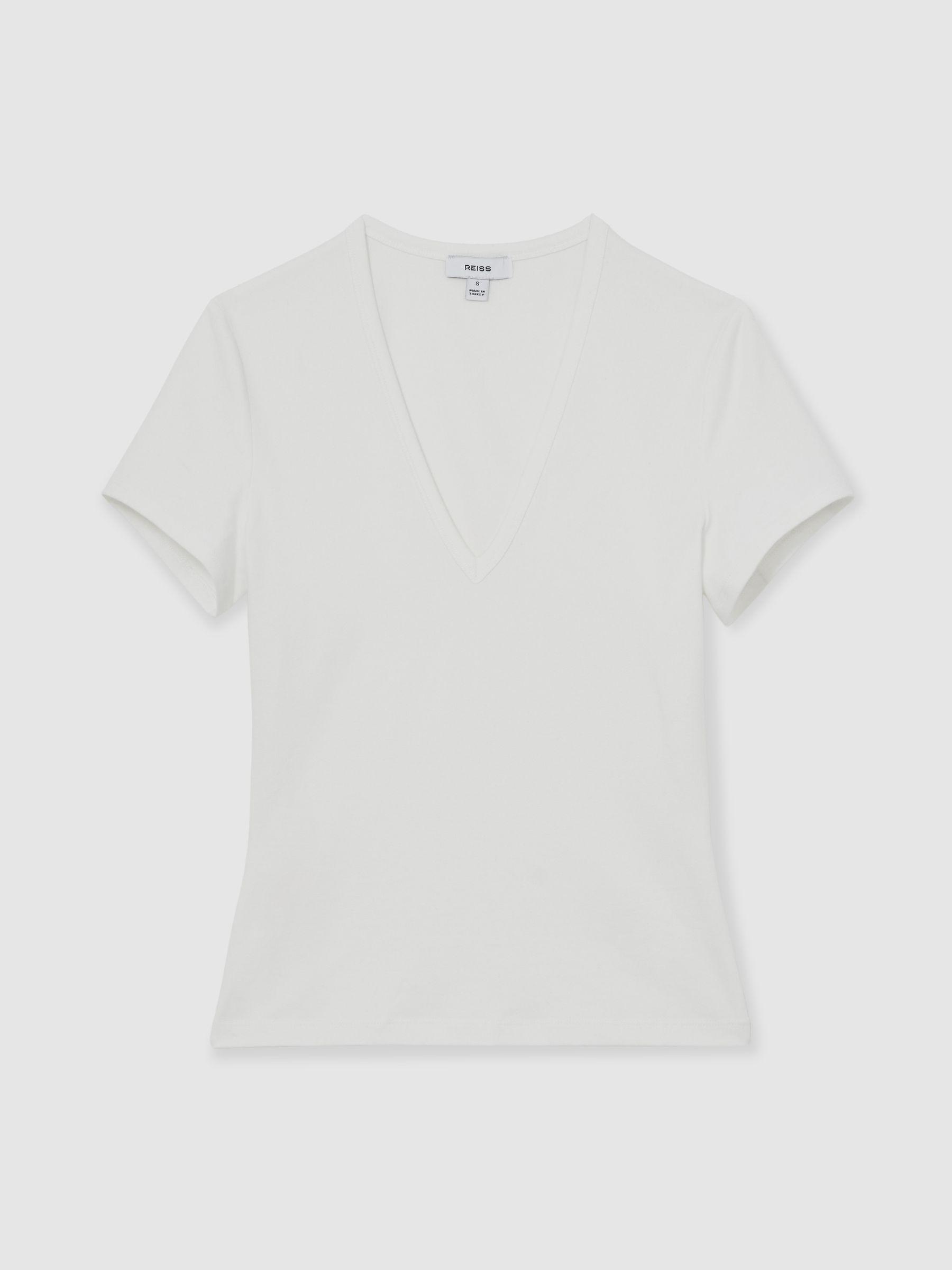 Stretch Cotton V-Neck T-Shirt in White Product Image