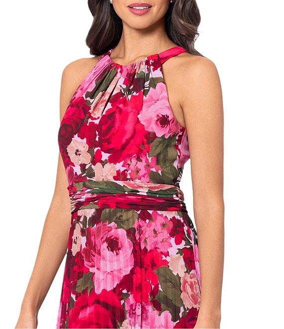 Xscape Chiffon Floral Print Halter Neck Sleeveless Pleated Blouson Gown Product Image