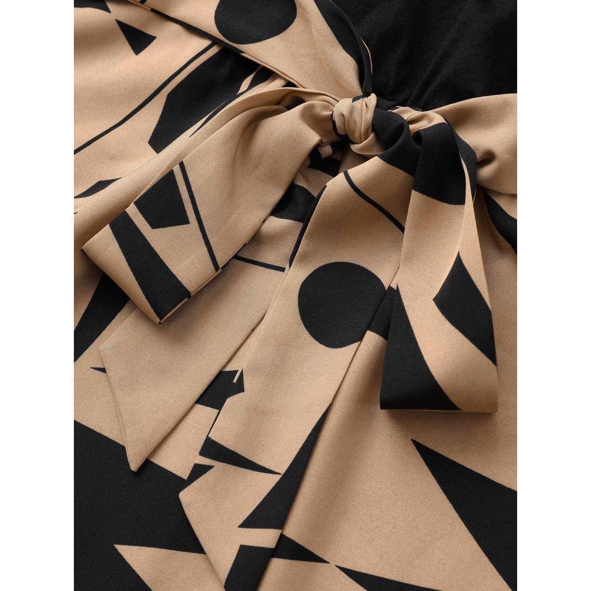 Plus Size Geometric Contrast Patchwork Asymmetrical Neck Belted Dress Black Women At the Office Non Asymmetrical Neck Long Sleeve Curvy Midi Dress BloomChic 12/L Product Image