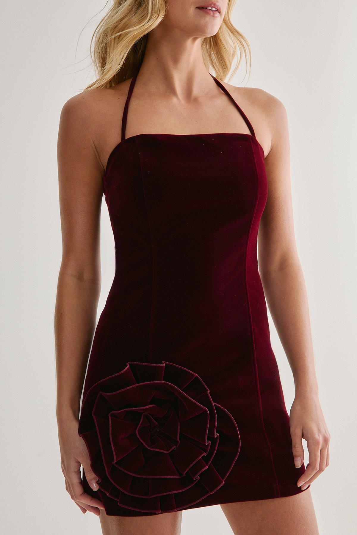 Velvet Corsage Halter Mini Dress Product Image
