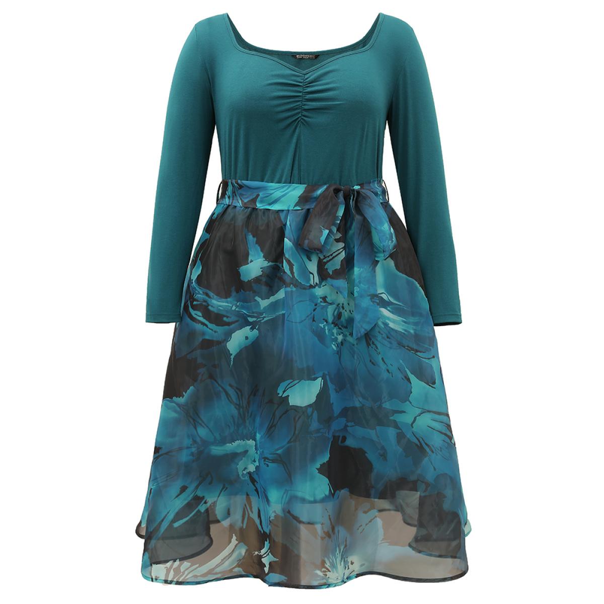 Plus Size Floral Square Neck Mesh Patchwork Belted Ruched Dress Aegean Women Elegant Belted Square Neck Long Sleeve Curvy Midi Dress BloomChic 22-24/3X Product Image