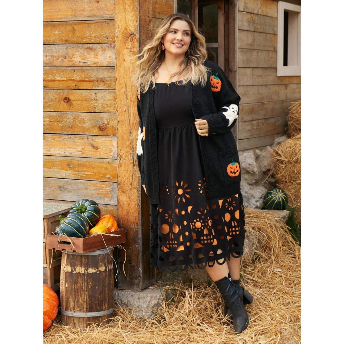 Plus Size Pumpkin Ghost Embroidery Open Cardigan Black Women Playful Loose Long Sleeve Casual Cardigans BloomChic 14-16/1X Product Image