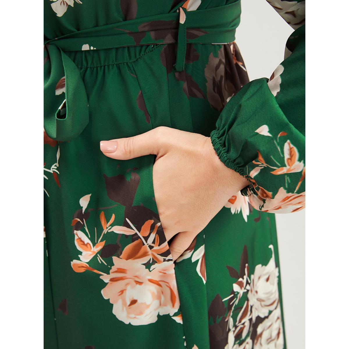 Plus Size Floral Print Lantern Sleeve Button Detail Pocket Belted Dress Moss Women Elegant Elastic Waist V-neck Long Sleeve Curvy Midi Dress BloomChic 12/L Product Image