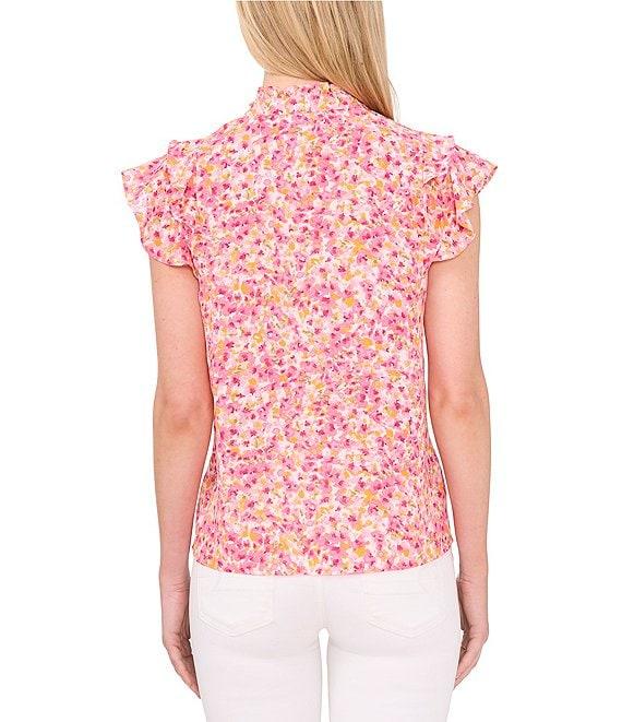 CeCe Crew Neck Short Sleeve Button Front Floral Blouse Product Image