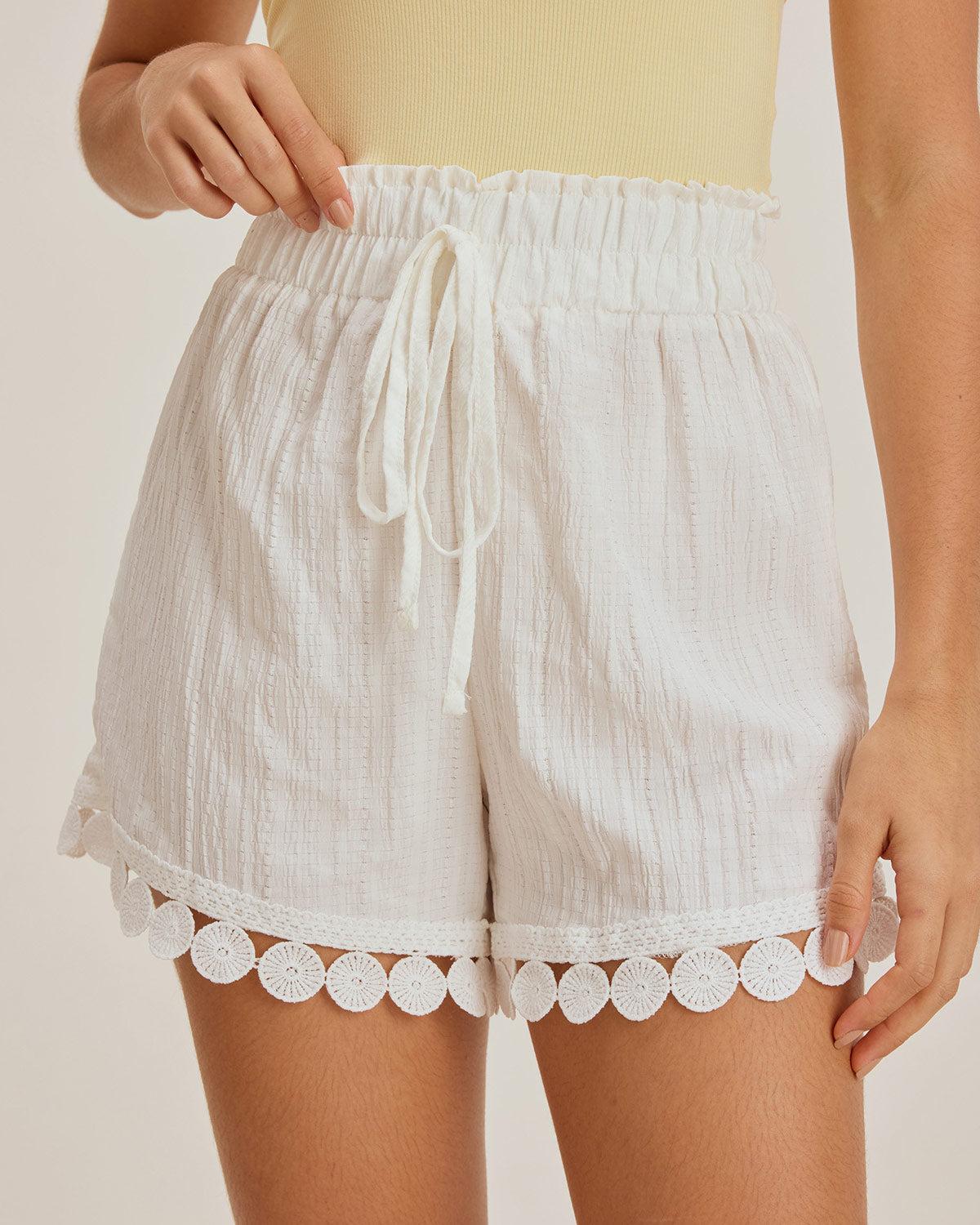 White Textured Tie Waist Shorts Product Image