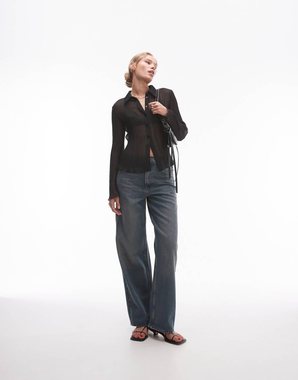 Topshop plisse shirt in black  Product Image