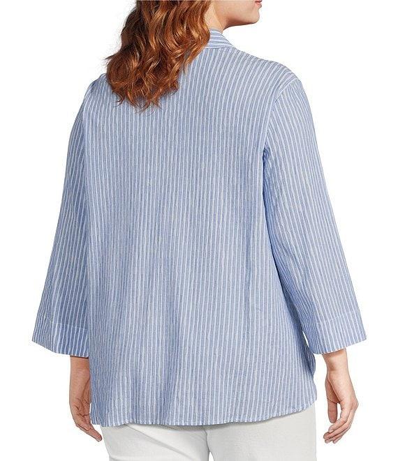 Ali Miles Plus Size Woven Yarn-Dye Striped Wire Neck 3/4 Sleeve Hi-Low Hem Button Front Tunic Product Image