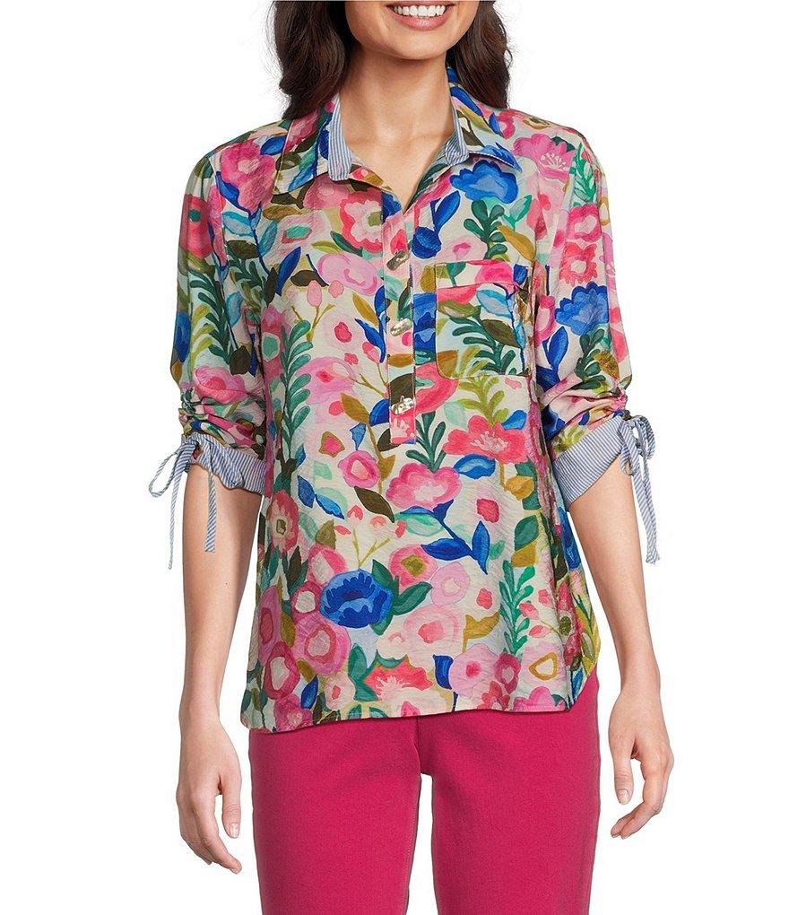 John Mark Woven Floral Camp Notch Collar 3/4 Cinch Tie Sleeve Shirt Product Image