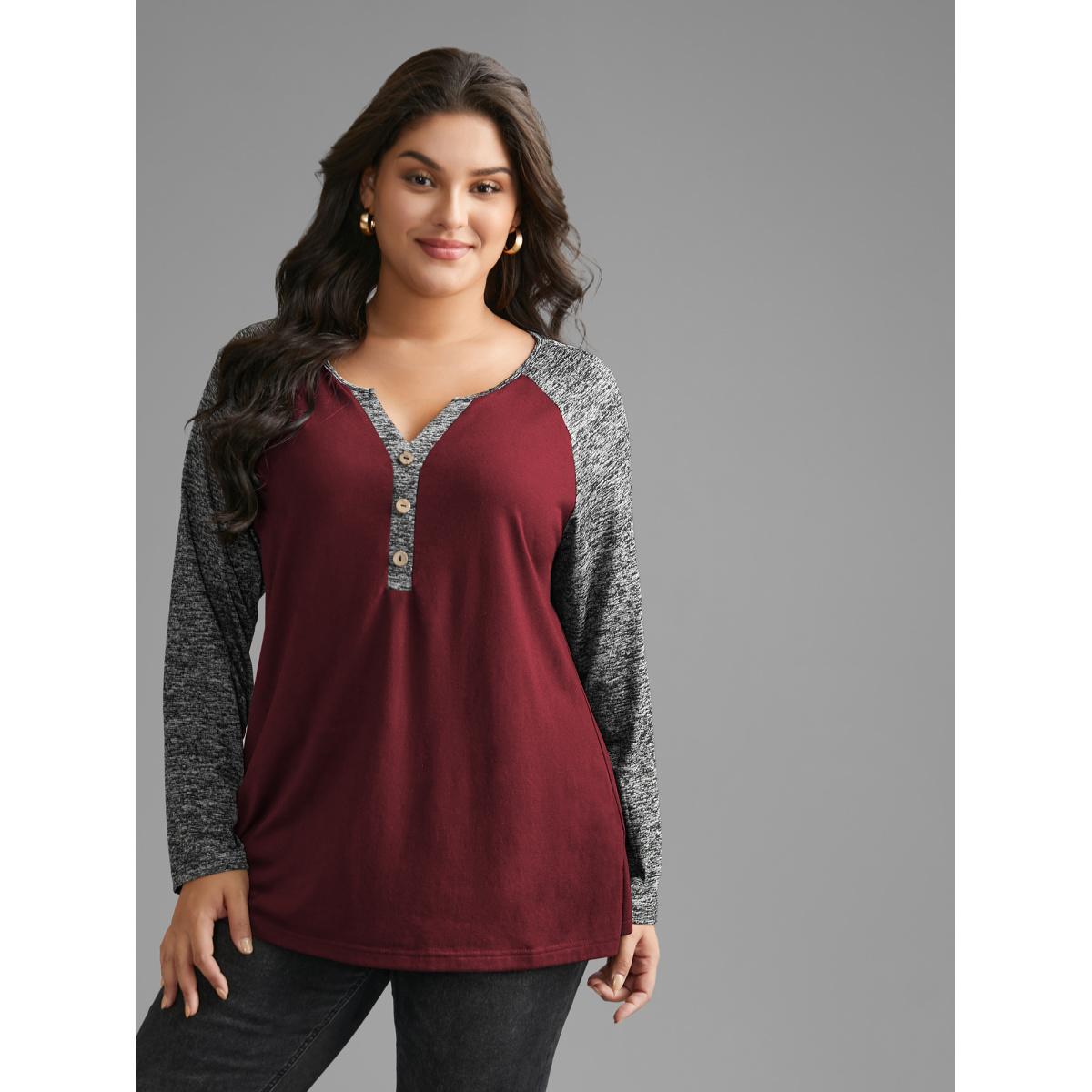Plus Size Heather Patchwork Button Detail Stretchy T-Shirt Burgundy Women Leisure Contrast Flat collar with V-notch Casual T-shirts BloomChic 18-20/2X Product Image