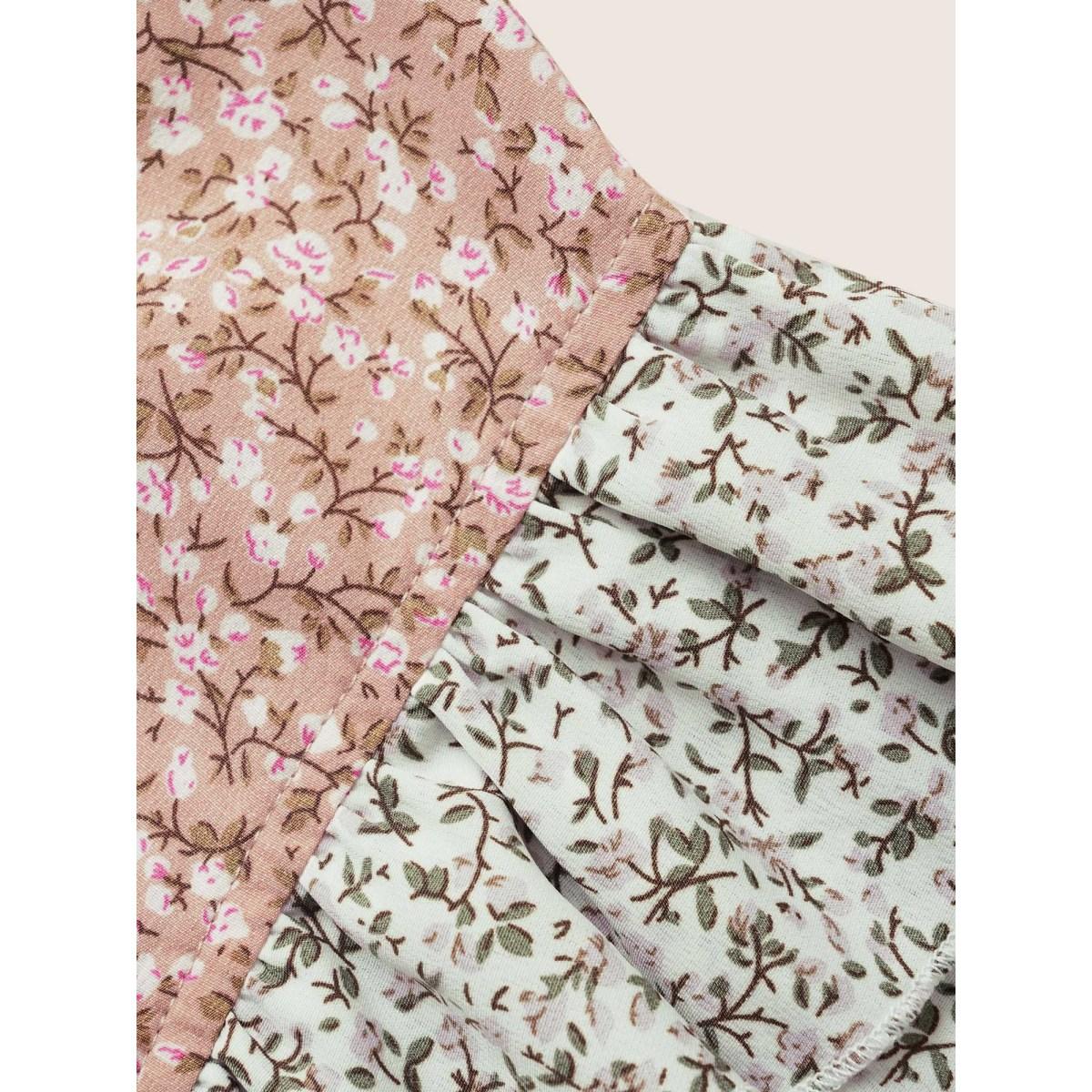 Plus Size Rouge Ditsy Floral Ties Patchwork Ruffle Cap Sleeve Blouse Women Elegant Cap Sleeve Ribbon-tied collar Everyday Blouses BloomChic 26/4X Product Image