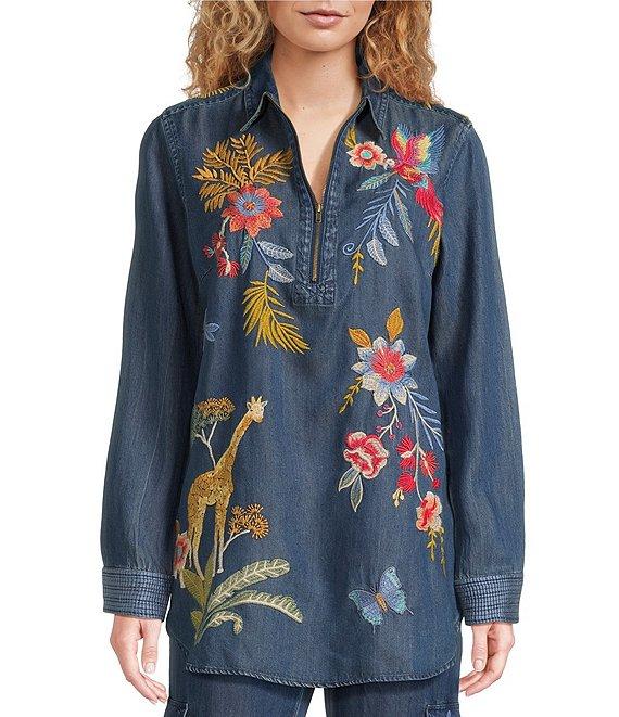 JOHNNY WAS Jane Lightweight Denim Placement Embroidery Point Collar Half-Zip Long Sleeve Shirt Tunic Product Image