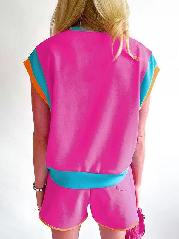 Contrast Color Short Sleeves Round-Neck T-Shirt + Elasticity Shorts Two Pieces Set Product Image
