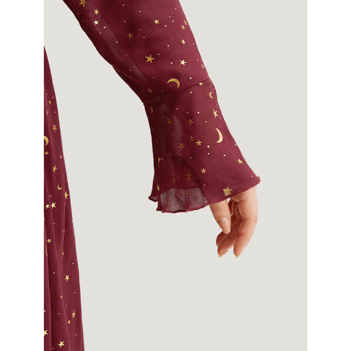 Plus Size Moon & Star Glitter Surplice Neck Bell Sleeve Dress Burgundy Women Party Printed V-neck Long Sleeve Curvy Midi Dress BloomChic 28/5X Product Image