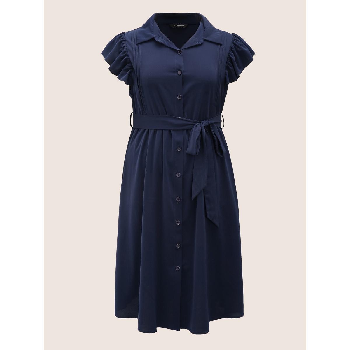 Plus Size Plain Pleated Button Through Cap Sleeve Dress Indigo Women At the Office Gathered Shirt collar Cap Sleeve Curvy Midi Dress BloomChic 10/M Product Image
