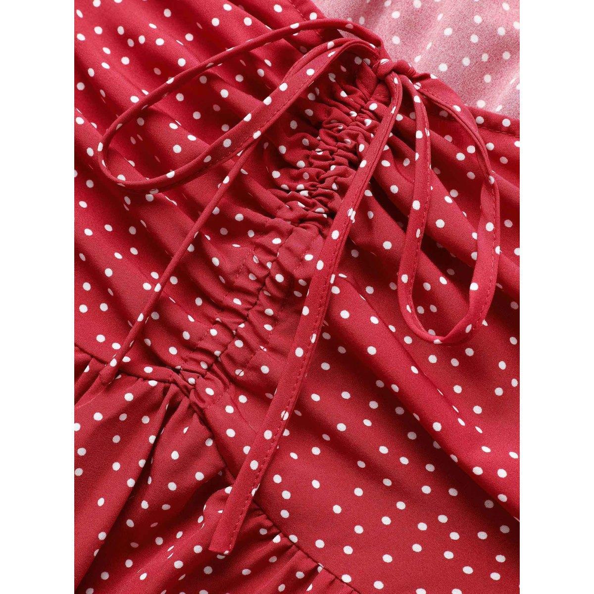 Plus Size Polka Dot Drawstring Ruffle Tiered Ruched Pocket Midi Dress Red Women Elegant Non Heart neckline Short sleeve Curvy Midi Dress BloomChic 12/L Product Image
