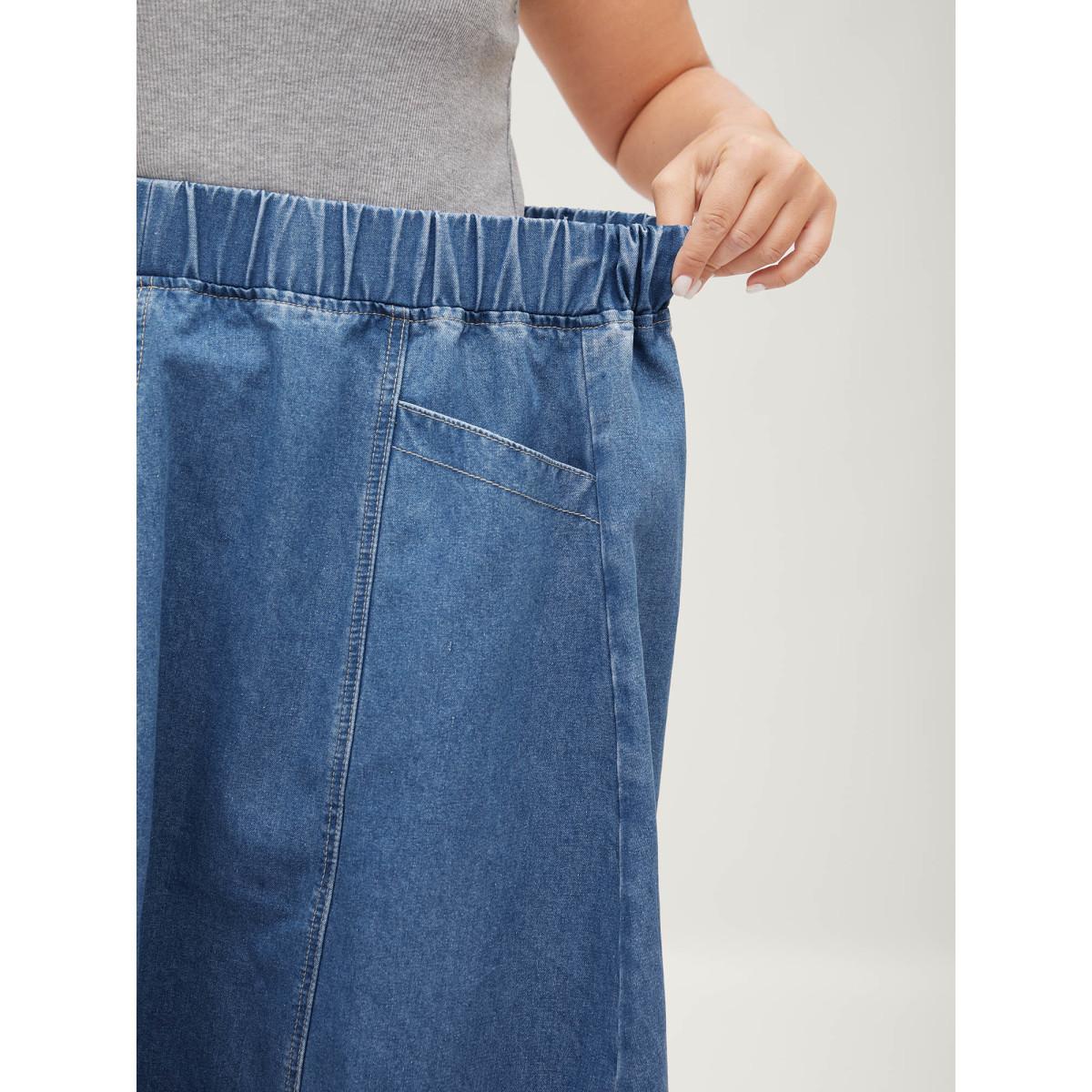 Plus Size Stretchy Waistband Pockets Denim Skirt Women Denimblue Everyday-Casual No stretch Medium Wash 30/6X Slanted pocket Denim Skirts BloomChic Product Image