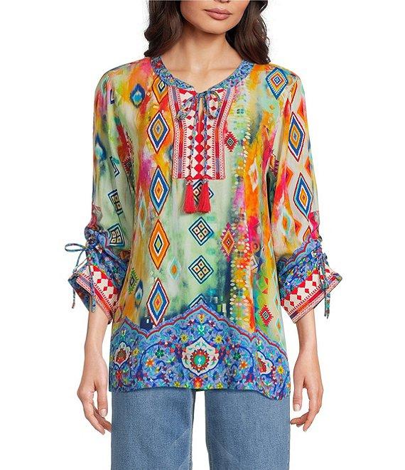 John Mark Embroidered Printed Split V-Neck 3/4 Cinched Sleeve Tassel Tie Front Tunic Product Image