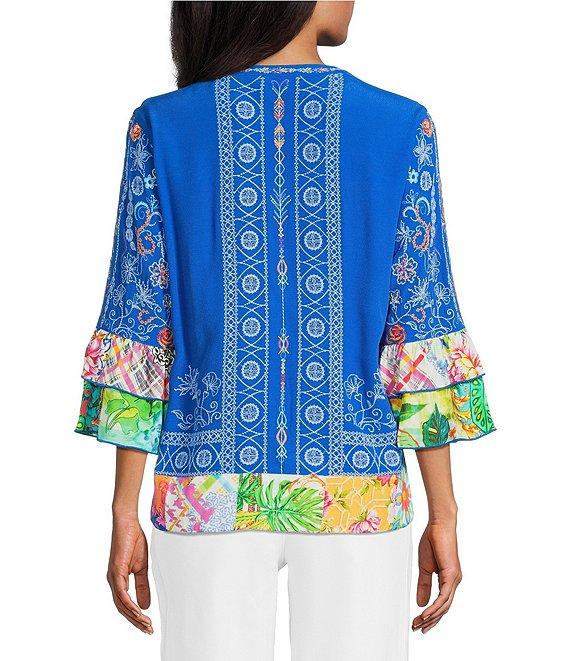 John Mark Embroidered Multi Floral V-Neck 3/4 Ruffle Tiered Sleeve Tunic Product Image
