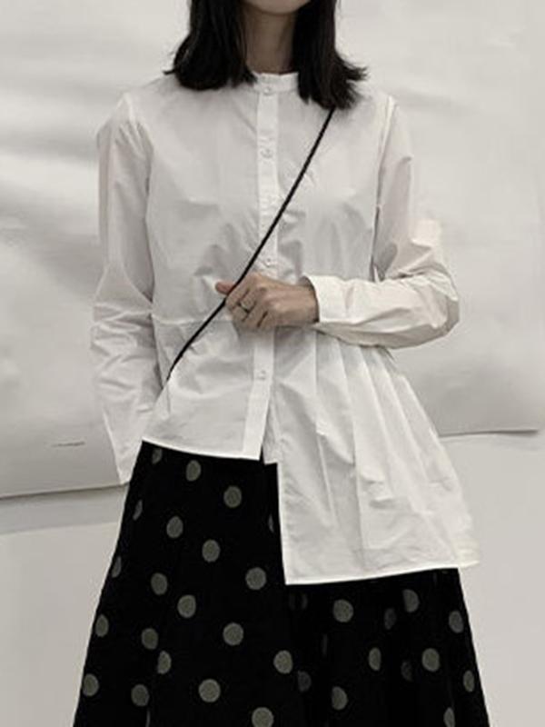 Long Sleeves Asymmetric Buttoned Pleated Solid Color Round-Neck Blouses&Shirts Tops Product Image