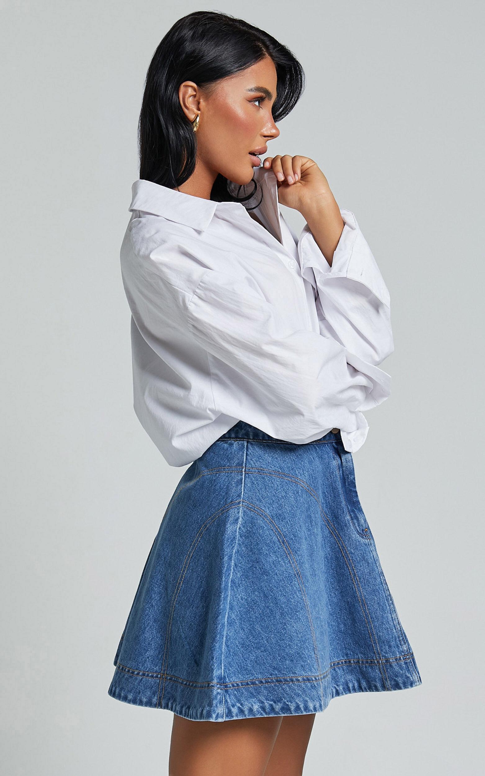 Koemi Skirt - High Waisted Denim Flare in Mid Blue Wash Product Image