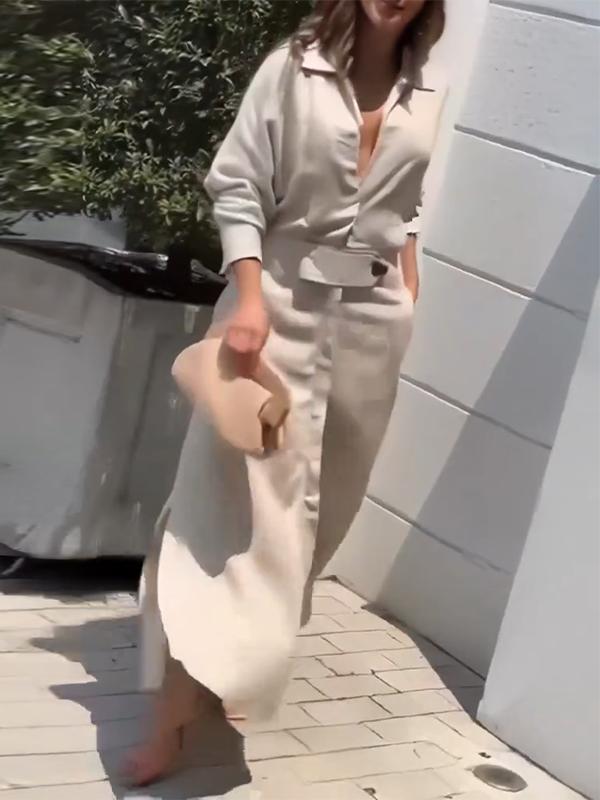 Long Sleeves Loose Split-Joint Split-Side V-Neck Maxi Dresses Shirt Dress Product Image