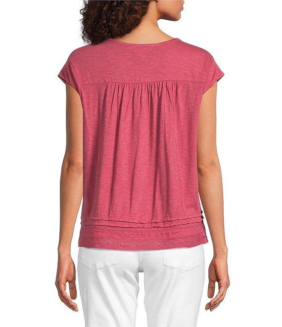 Lucky Brand Knit Lace V-Neck Short Sleeve Top Product Image