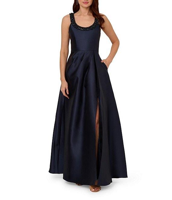 Adrianna Papell Beaded Neck Side Drape Mikado Gown Product Image