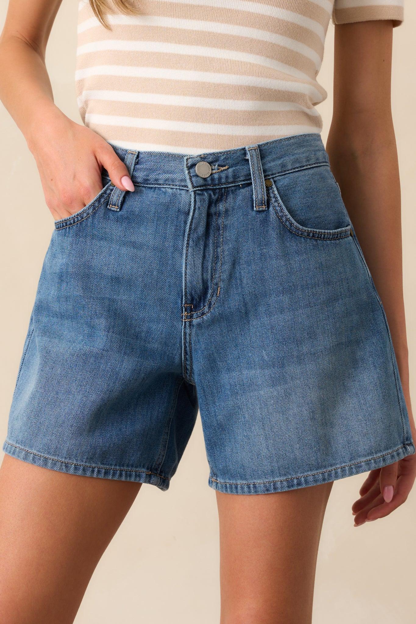 Living Simply Medium Wash High Waisted Denim Shorts L / Medium Wash Product Image