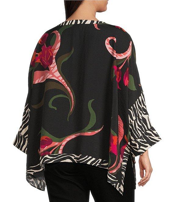 Ali Miles Plus Size Woven Floral Zebra Multi Print Round Neck Long Dolman Sleeve Button Front Tunic Product Image