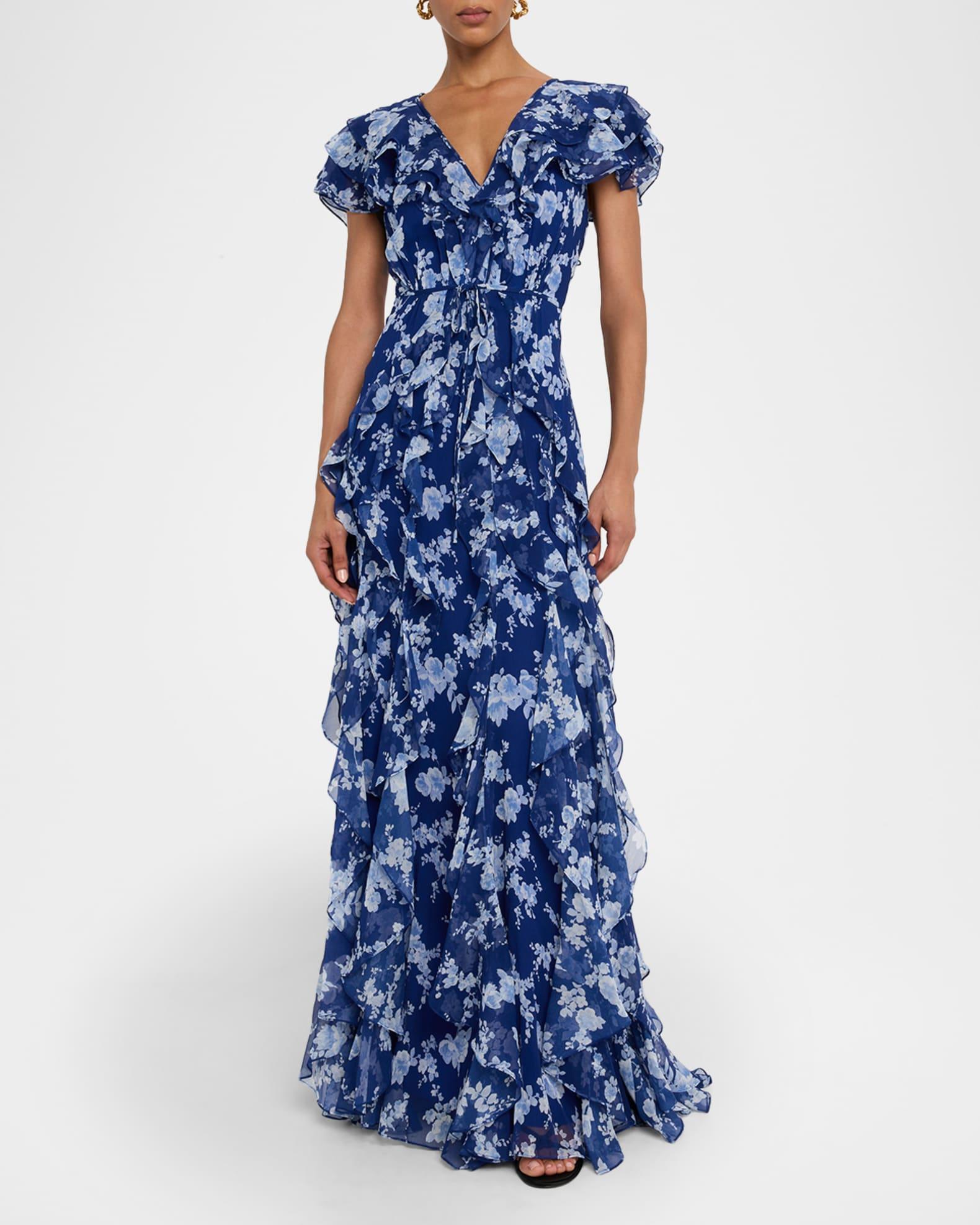 Plunging Ruffle Short-Sleeve Silk Gown Product Image