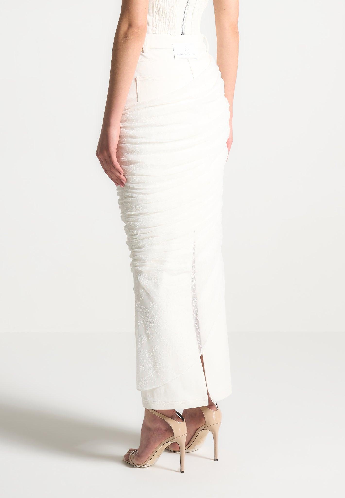 Draped Mesh Denim Maxi Skirt - Off White Female Product Image