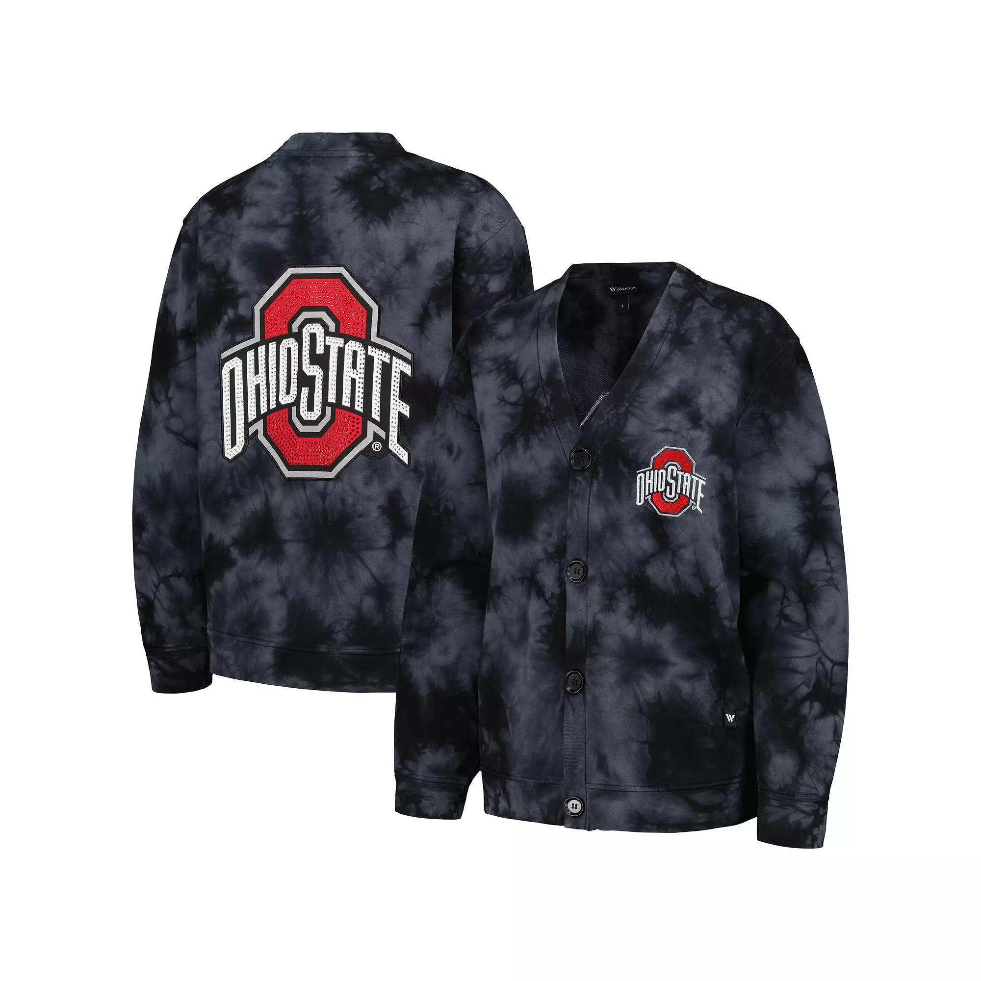 Women's The Wild Collective Black Ohio State Buckeyes Jeweled Tie-Dye Button-Up V-Neck Sweater,  Product Image