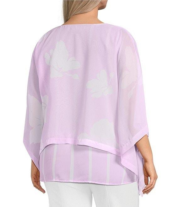 Slim Factor by Investments Plus Size Floral Print Chiffon 3/4 Sleeve Crew Neck Double Layer Top Product Image