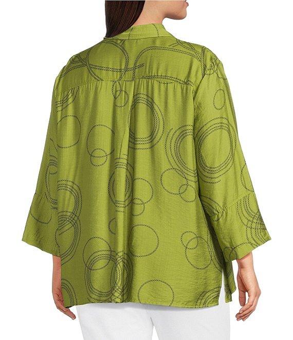 Ali Miles Plus Size Woven Geometric Print Point Collar 3/4 Sleeve Button-Front Tunic Product Image