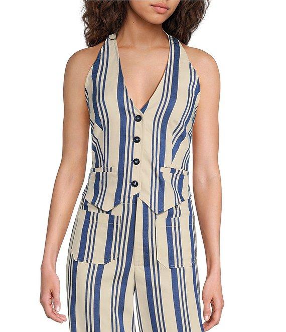 Sugarlips Coordinating Stripe Printed Halter V Neck Sleeveless Button Front Vest Top Product Image