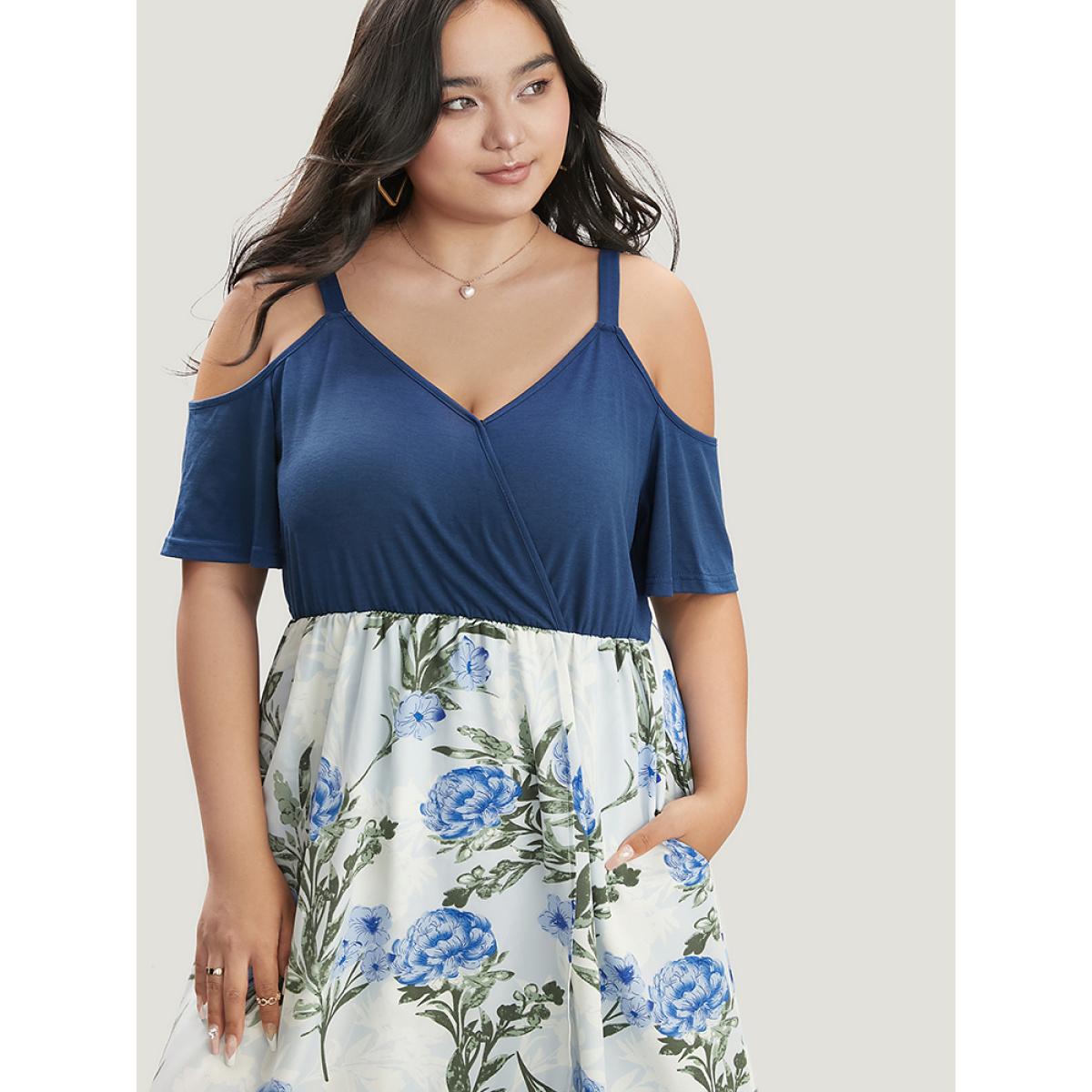 Plus Size Floral Patchwork Cold Shoulder Pocket Asymmetrical Hem Dress Indigo Women Elegant Adjustable Straps Cold Shoulder Short sleeve Curvy Midi Dress BloomChic 10/M Product Image