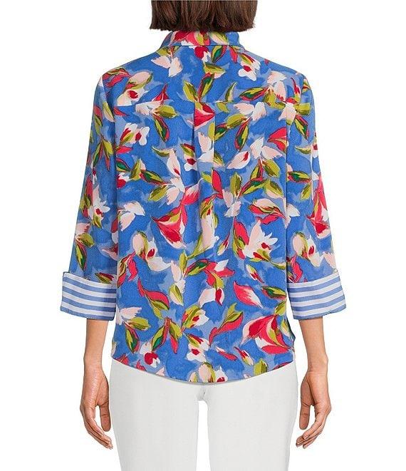 Investments Woven Whimsy Floral Stripe 3/4 Sleeve Point Collar Button Front Split Cuff Top Product Image