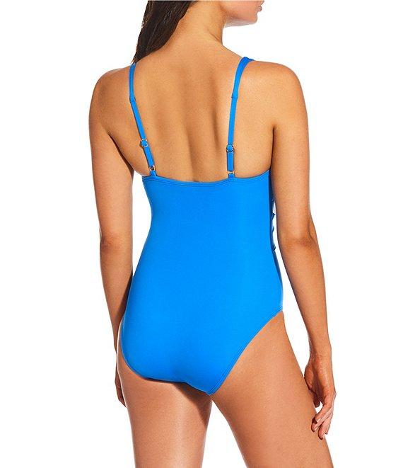 Alex Marie Signature Sculpt Solid V-Neck Belted Tortiose Ring One Piece Swimsuit Product Image