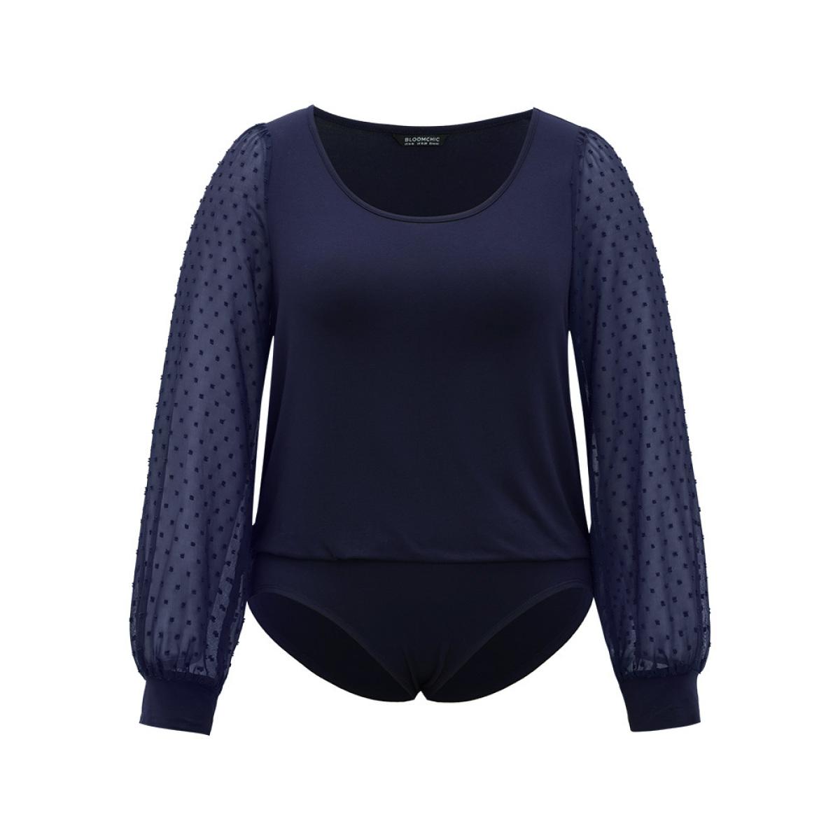 Plus Size Plain Mesh Patchwork Lantern Sleeve Crew Neck Bodysuit Women Blue Plain Elastic cuffs Bodysuits BloomChic 30/6X Product Image