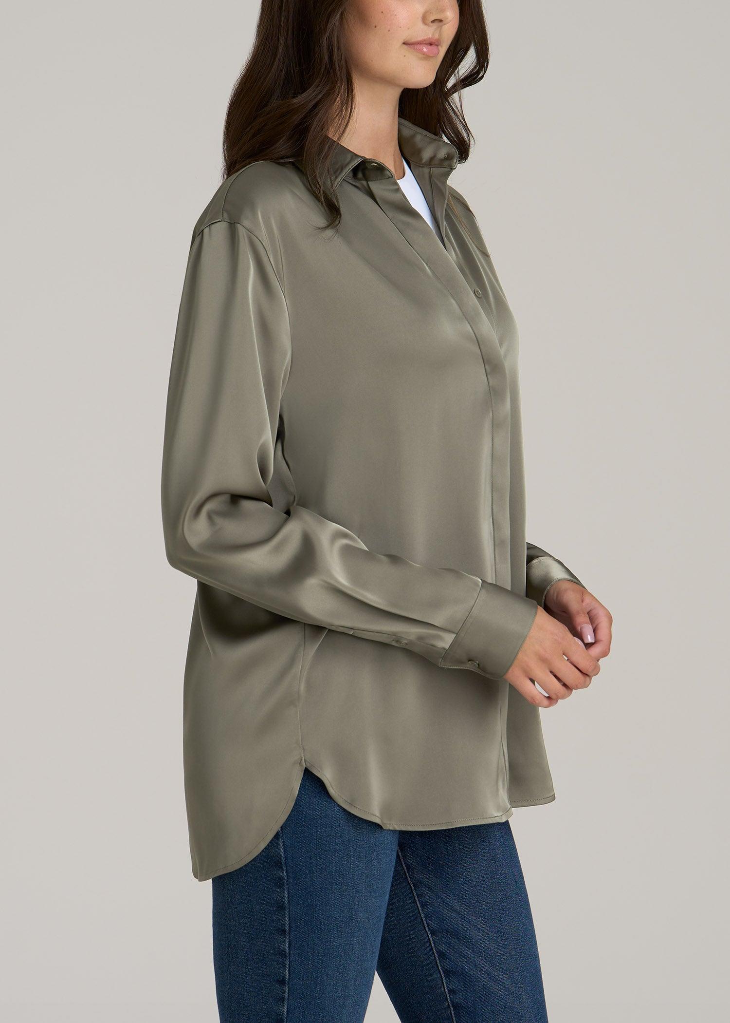 Relaxed Button-Up Blouse for Tall Women in Camper Green Female Product Image