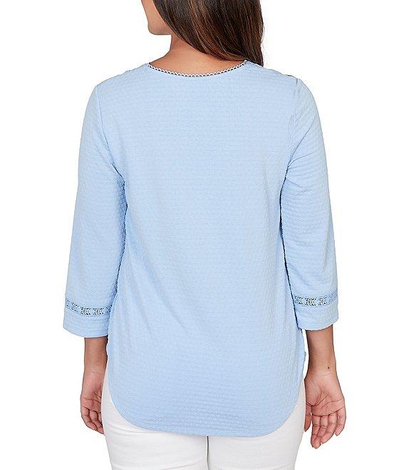 Ruby Rd. Petite Size Soft Textured Knit Crew Neck 3/4 Sleeve Lace Trim Top Product Image