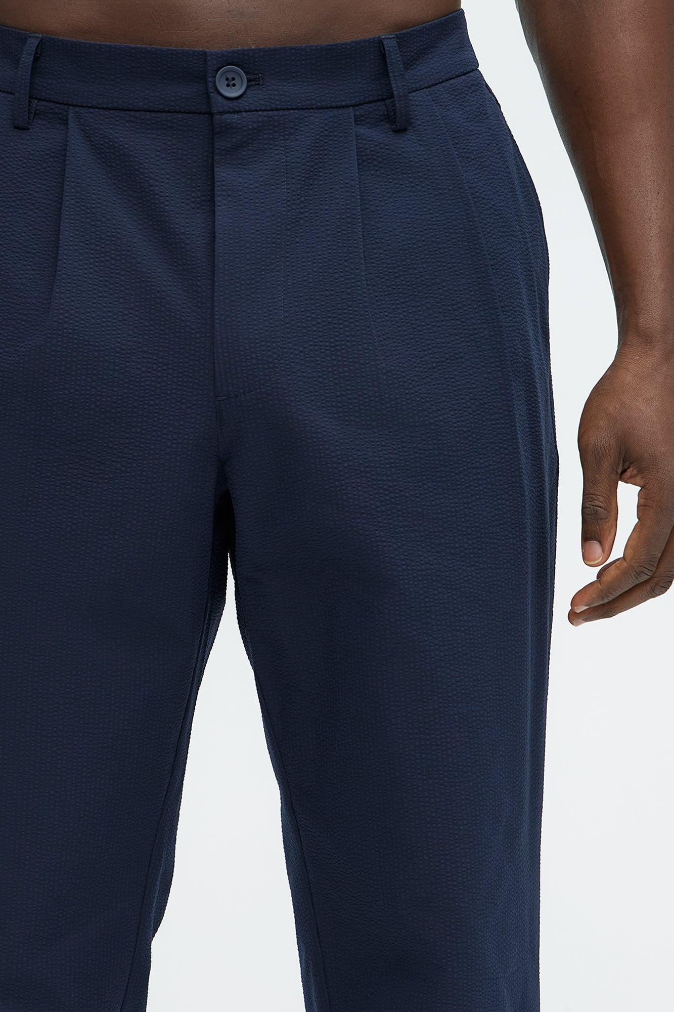 Seersucker Pleated Pants - Navy Product Image
