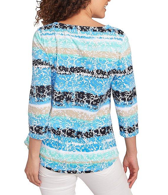 Ruby Rd. Soft Jersey Knit Mixed Floral Watercolor Stripe Boat Neck 3/4 Sleeve Top Product Image