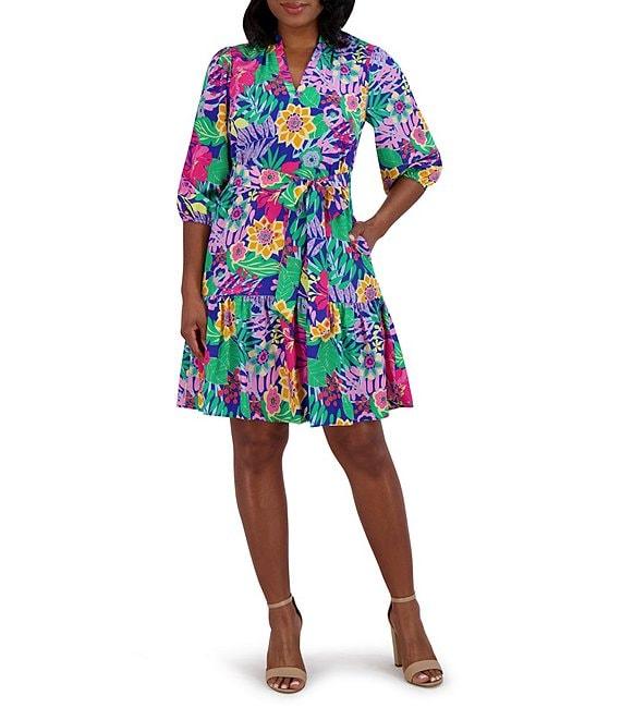 Jessica Howard V Neck 3/4 Balloon Sleeve Tie Sash Sheath Dress Product Image