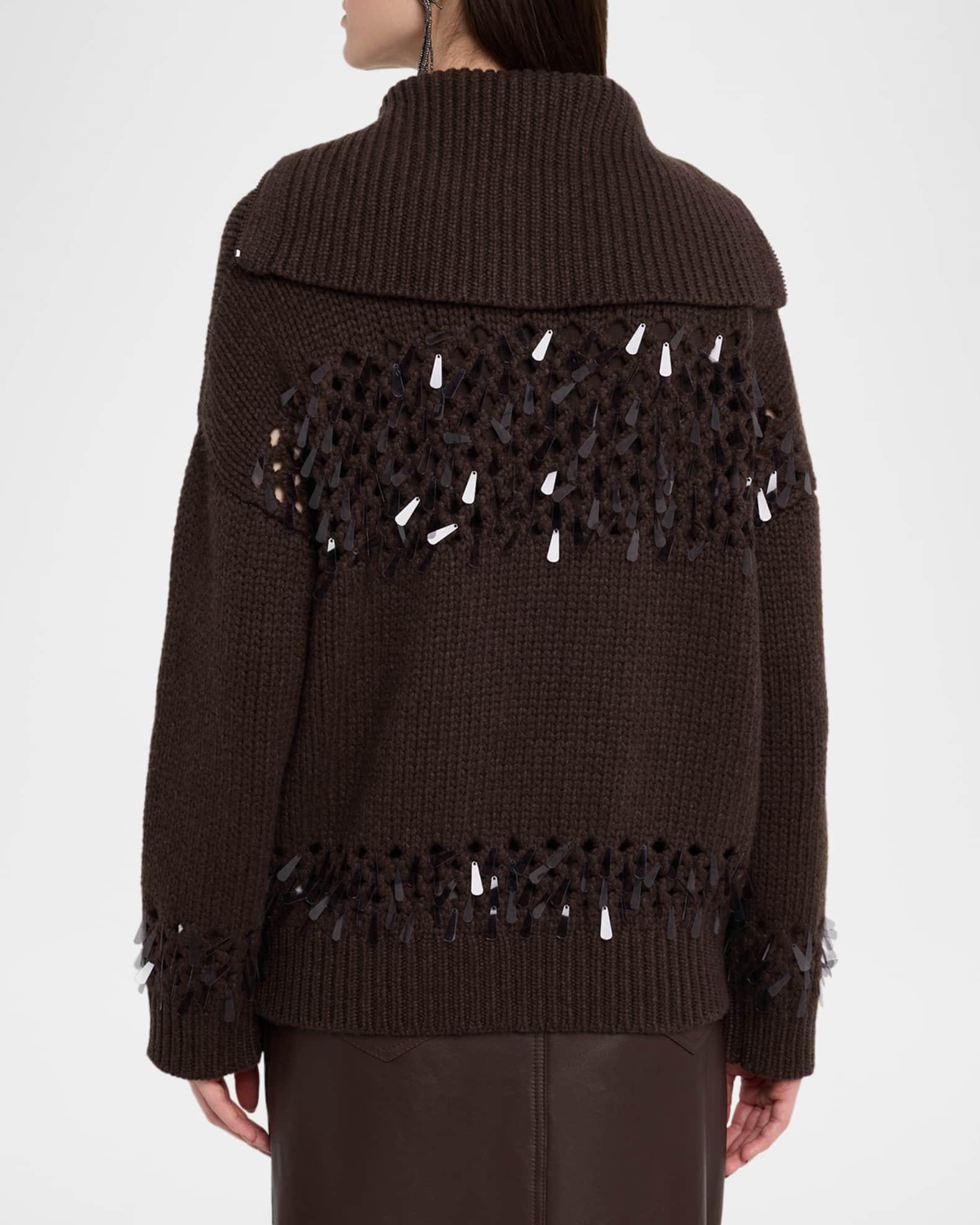Sequined Net Stitch Cashmere Zip Cardigan Product Image