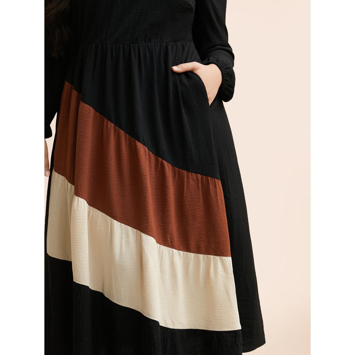 Plus Size Colorblock Contrast Gathered Lantern Sleeve Dress Black Women Elegant Contrast V-neck Long Sleeve Curvy BloomChic 18-20/2X Product Image